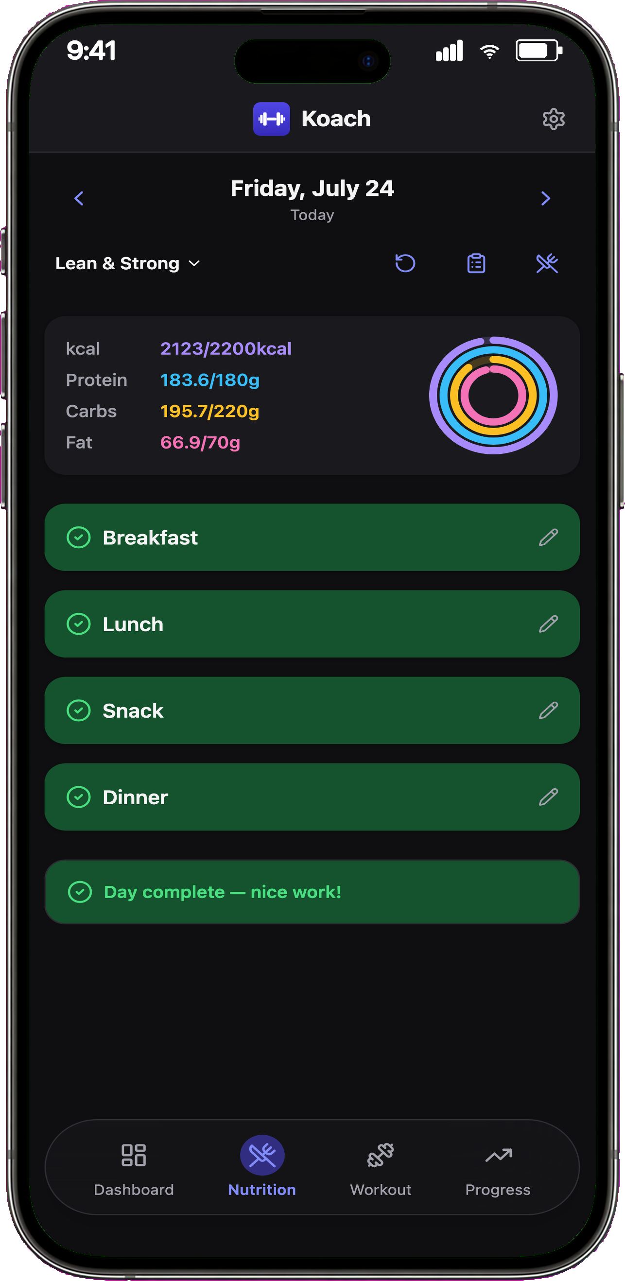 Koach meal log with macro breakdown